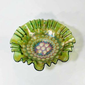 Fenton Coin Dot green carnival glass ruffleled edge bowl pre-logo